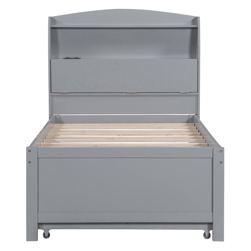 Wooden Platform Bed with Pull Out Trundle Bed and Drawers, All-in-One LED Headboard with Charging Station and Flip Up Storage