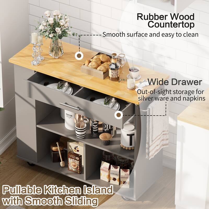 Kitchen Island with Towel Rack – Mobile Cart with Rubber Wood Top, Easy-Glide Storage