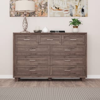 Modern 9-Drawer Dresser with Solid Wood Legs, Vintage Brown and White Wood Grain Options, Bedroom Storage Chest