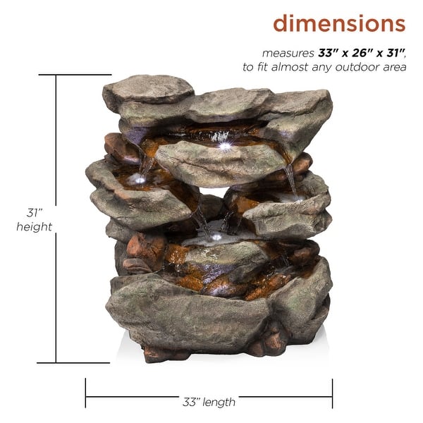 dimension image slide 2 of 4, Alpine Corporation Outdoor Multi-Tier Rainforest Rock Waterfall Fountain with LED Lights