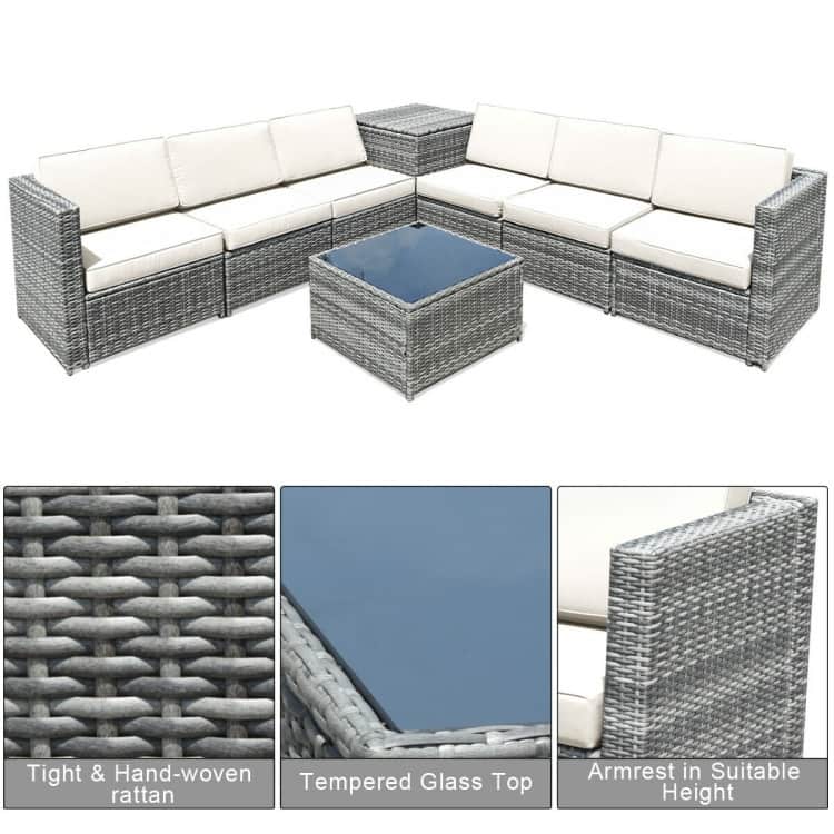 8 Piece Wicker Sofa Rattan Dinning Set Patio Furniture with Storage Table - 23" x 26" x 29.5"