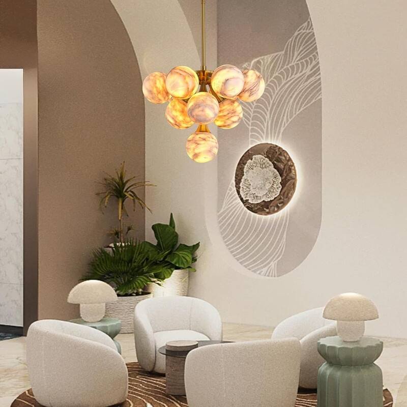 KAYLA Modern Sputnik Alabaster Chandelier, 18 Light Gold & Smoked Alabaster Globe Chandeliers