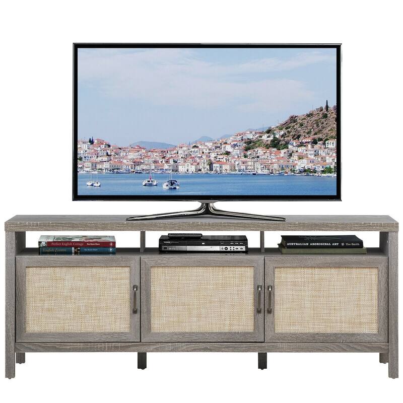 TV Entertainment Center for 65-Inch TVs with Solid Wood Legs and Shelves - 62" x 17.5" x 24.5"