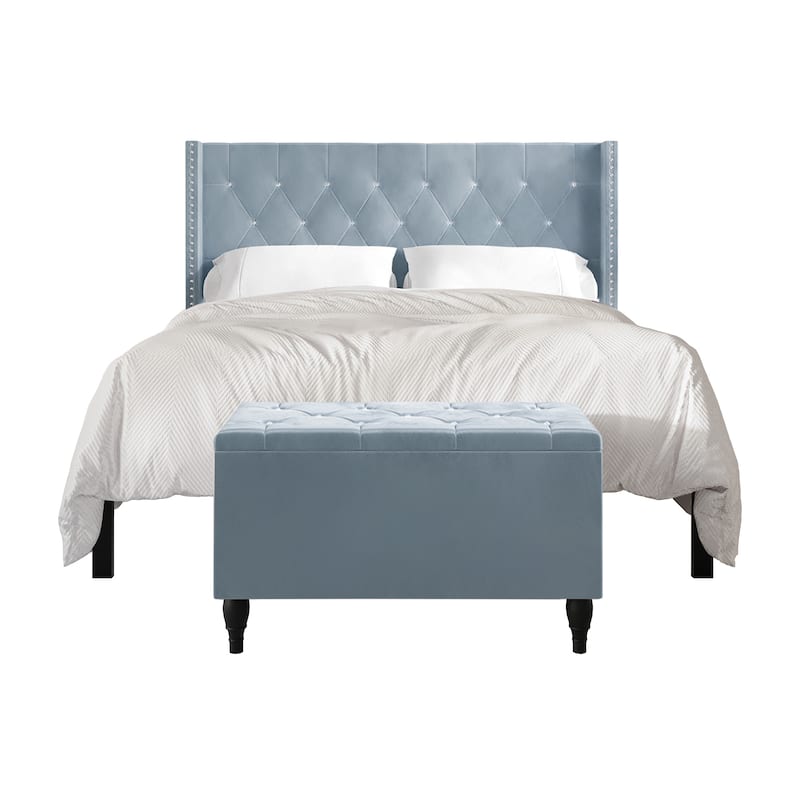 CraftPorch 2 Piece Bedroom Bench Set Velvet Wingback Upholstered Bed - Light Blue - King