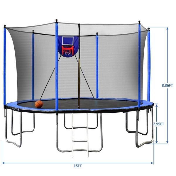 15FT Trampoline with Basketball Hoop Inflator and Ladder, 6pcs extra safety net pole sleeves- Blue
