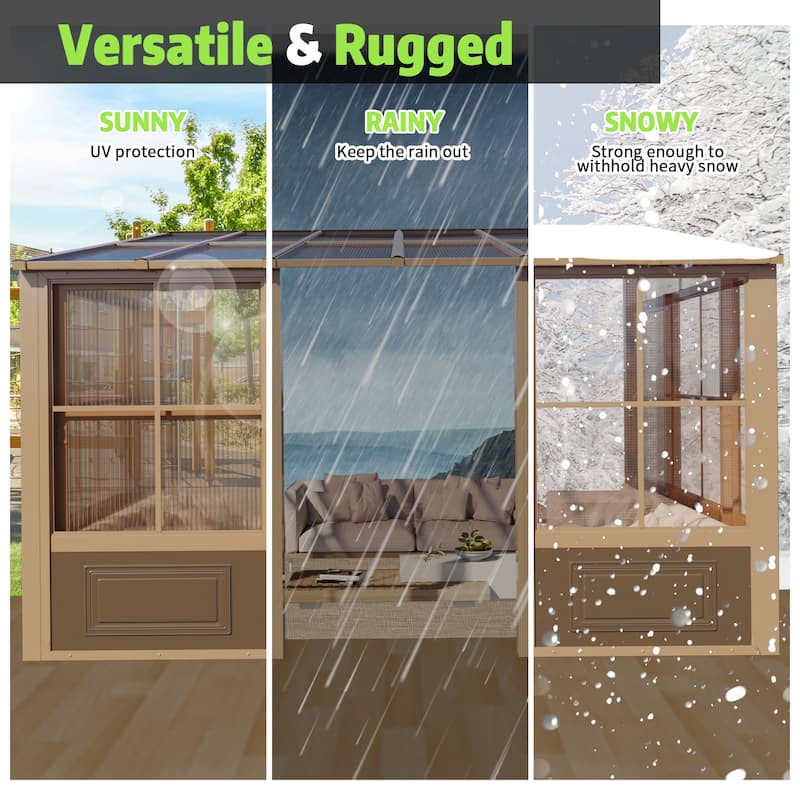 EROMMY Wall Mounted Sunroom with Sliding Doors, All-Season Aluminum Patio Gazebo, Outdoor Permanent Sunroom Shelter