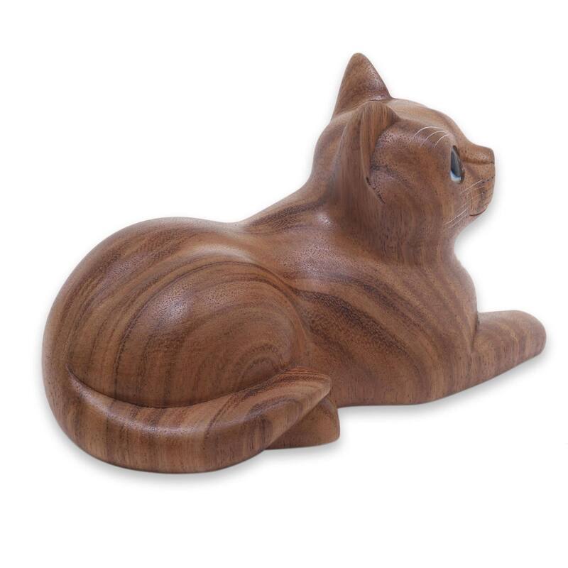NOVICA Wood Sculpture, 'Short Haired Cat' (Indonesia) - 3.9" H x 7.25" W x 3.9" D