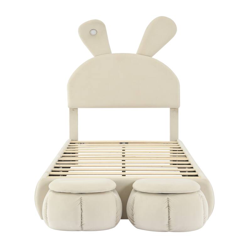 Twin/Full Size Upholstered Platform Bed w/Cartoon Ears Shaped Headboard & Light, Cartoon Twin Bed Frame w/2 Small Storage Stools