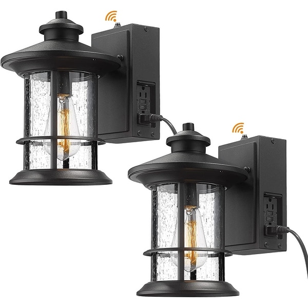 Porch Light with Built in GFCI Outlet Dusk to Dawn Outdoor Lighting Photocell Sensor Aluminum with Seeded Glass Black Finish On Sale Bed Bath Beyond 36980874