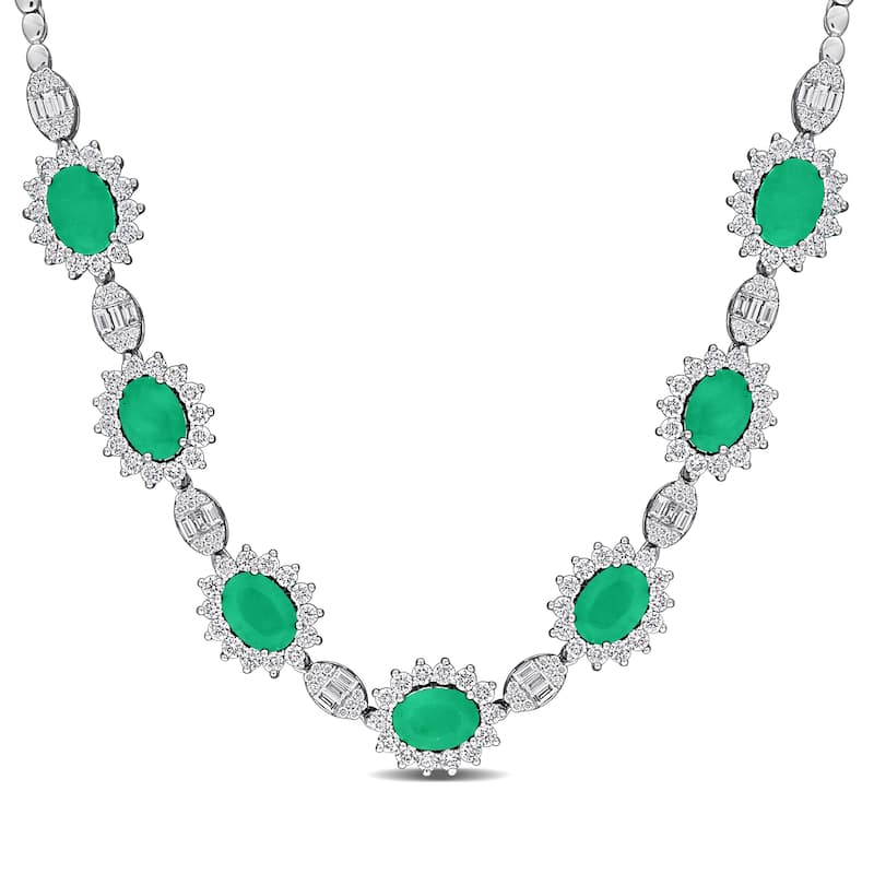 Miadora 5 1/3ct TGW Emerald and 3 1/8ct TDW Diamond Halo Necklace in 14k White Gold - 17 in
