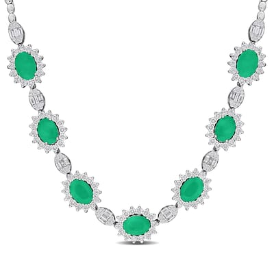 Miadora 5 1/3ct TGW Emerald and 3 1/8ct TDW Diamond Halo Necklace in 14k White Gold - 17 in
