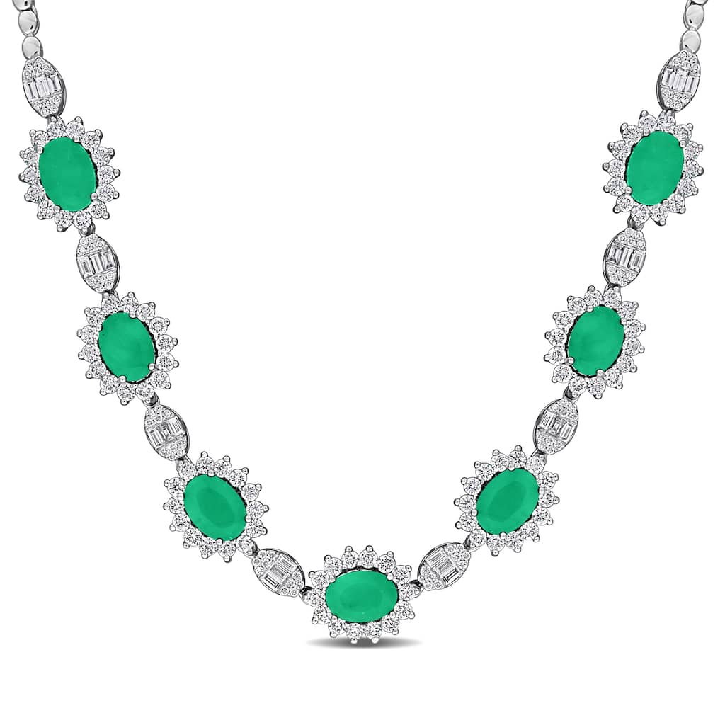 Miadora 5 1/3ct TGW Emerald and 3 1/8ct TDW Diamond Halo Necklace in 14k White Gold - 17 in