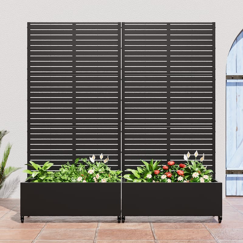 Metal Movable Planter Box with Trellis Privacy Screen Planter Box with Lockable Wheels - 72"x35"