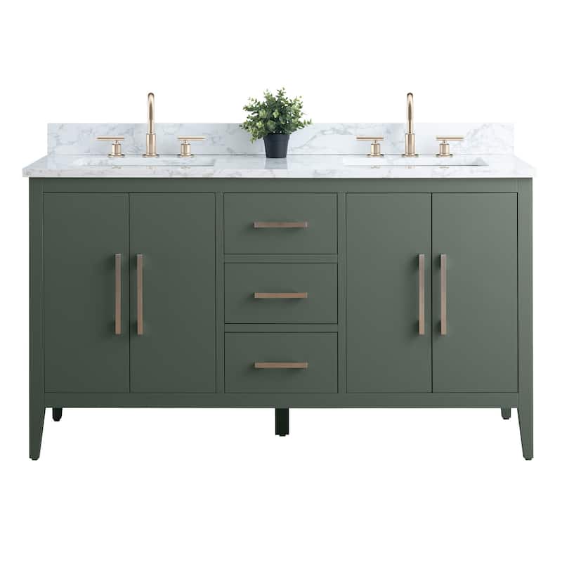 Vanity Art 60" Double Sink Bathroom Vanity Cabinet with Engineered Marble Top