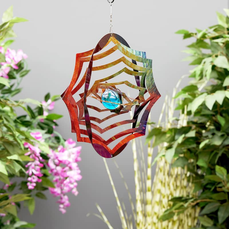 Alpine Corporation 12" Round Outdoor Hanging Metal Planet Wind Spinner with Blue Glass Ball