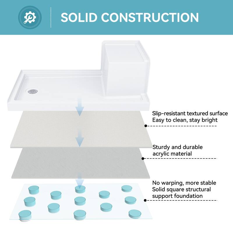 HOROW 60 x 32 Inch Alcove Shower Pan Base in White with Built In Seat - Left Drain Location