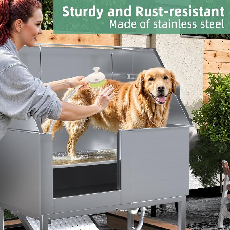 Professional Stainless Steel Dog Washing Station Pet Grooming Bath Tub w/ Ramp