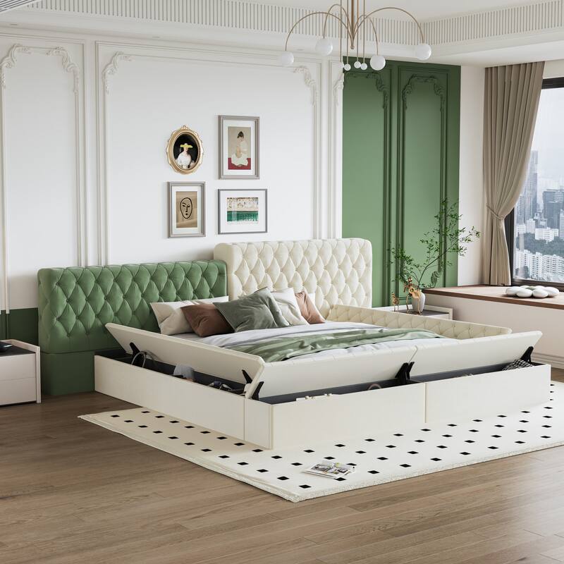 Beige King Special-shaped Upholstered Platform Bed with Storage