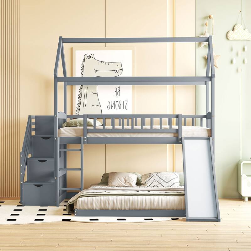 Twin Over Full Bunk Bed with Slide and Storage, Gray