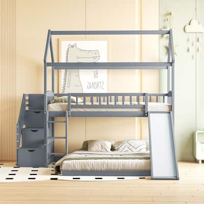 Twin Over Twin Bunk Bed with Slide and Storage Steps, Space-Saving Bed for Kids