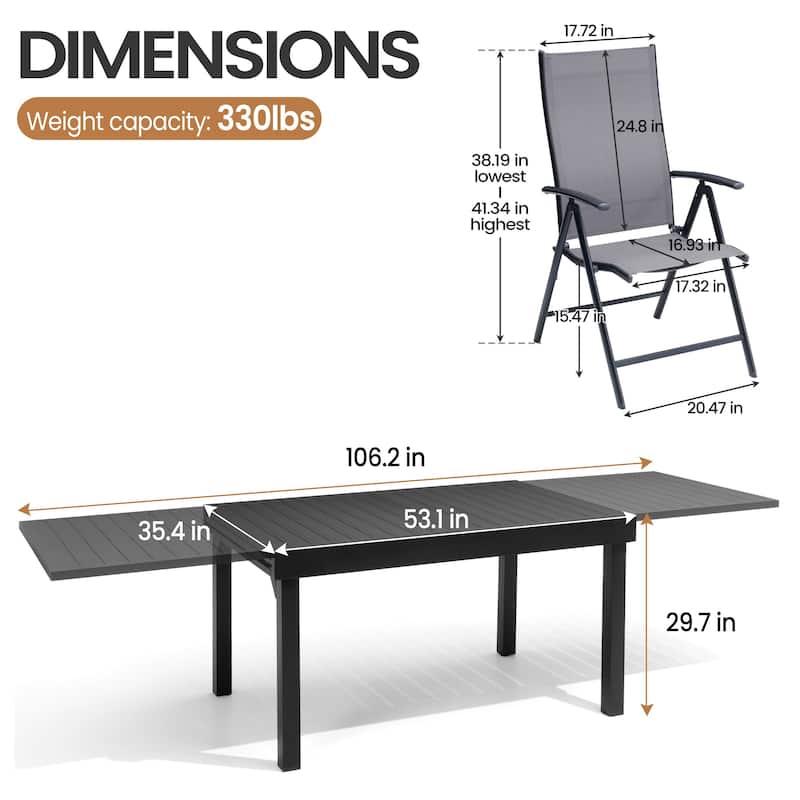 9-Piece Outdoor Dining Set Expandable Aluminum Dining Table and Adjustable Folding Chairs