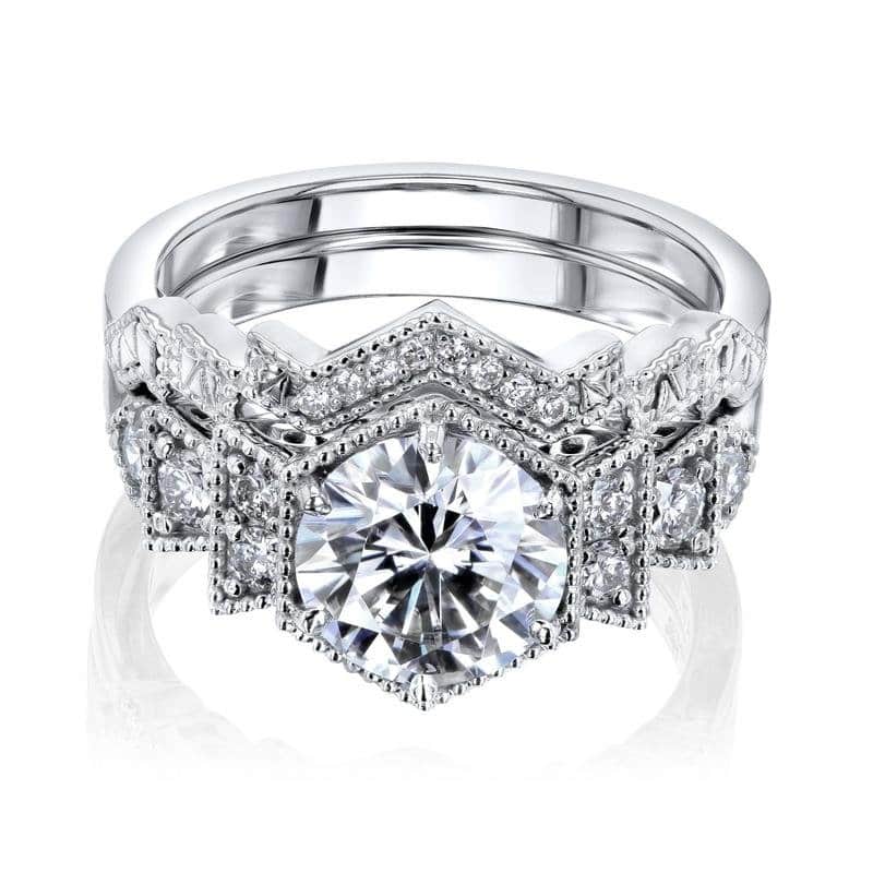 Kobelli 1.8 Carat Moissanite & Natural Diamond 14k Solid White Gold Geometric Art Deco Clara 2pc Bridal Set - White - 4
