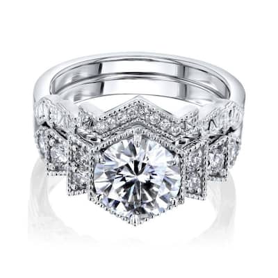 Kobelli 1.8 Carat Moissanite & Natural Diamond 14k Solid White Gold Geometric Art Deco Clara 2pc Bridal Set