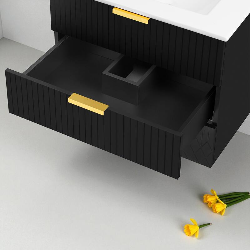 24-Inch Wall Mounted Bathroom Vanity with Sink, Floating Cabinet with Double Drawers and Ceramic Basin