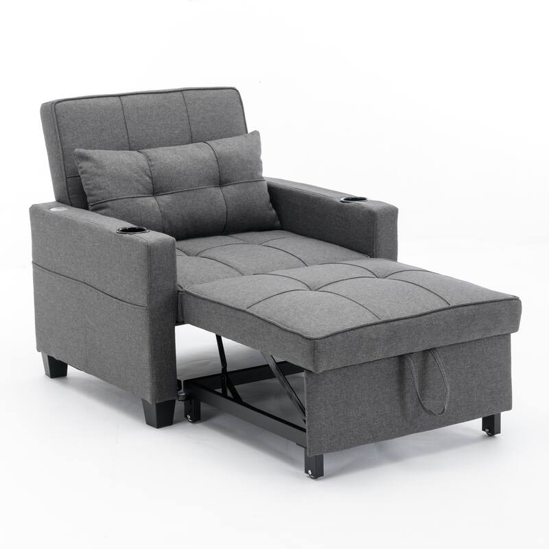 Linen 3-in-1 Convertible Futon Chair Bed with USB & Adjustable Backrest - DARK GREY