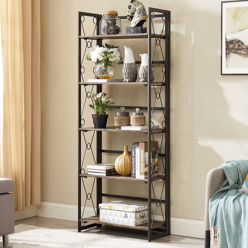 VECELO Contemporary 5-Shelf Display Bookcase, Industrial 62" Tall Bookshelf Storage Organizer