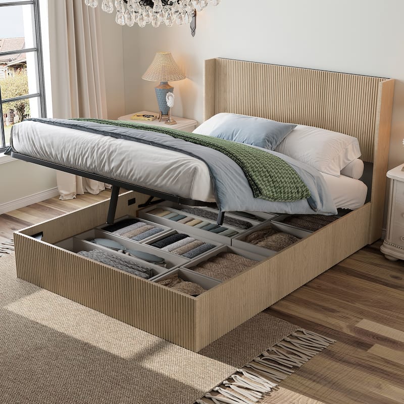 Lift Up Storage Bed Frame Undulating Hydraulic Platform Bed Frame with Wingback Headboard, No Box Spring Needed, Noise Free,Oak