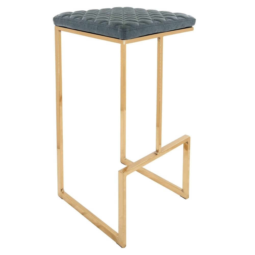 Quincy Modern Leather Barstool with Upholstered Square Seats in Gold Metal & Footrest for Home Bar & Kitchen Counter