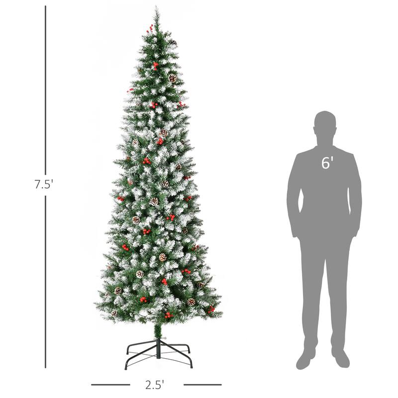 Snow-Flocked Artificial Christmas Tree with LED Lights, Pine Cones & Red Berries, 6ft, 7.5ft, 9ft