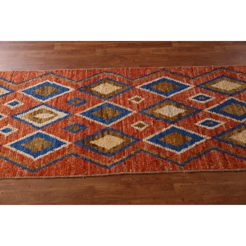 Orange Moroccan Oriental Runner Rug Hand-Knotted Tribal Wool Carpet - 2'10" x 9'9"