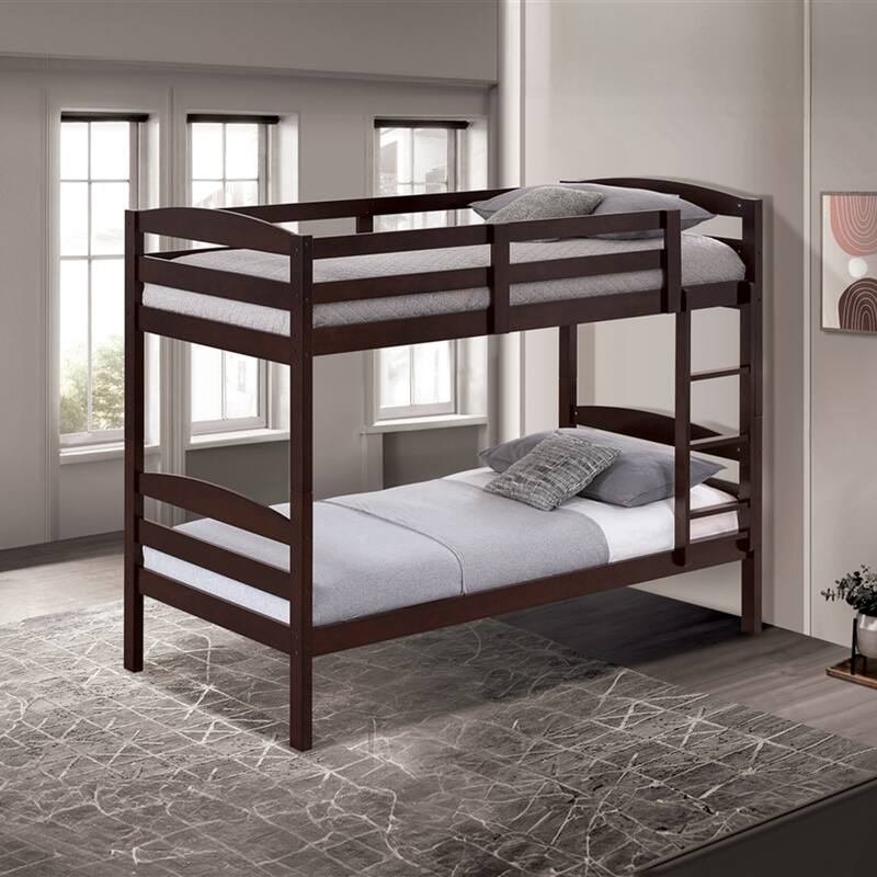 Modern Espresso Solid Wood Twin Over Twin Bunk Bed with Ladder