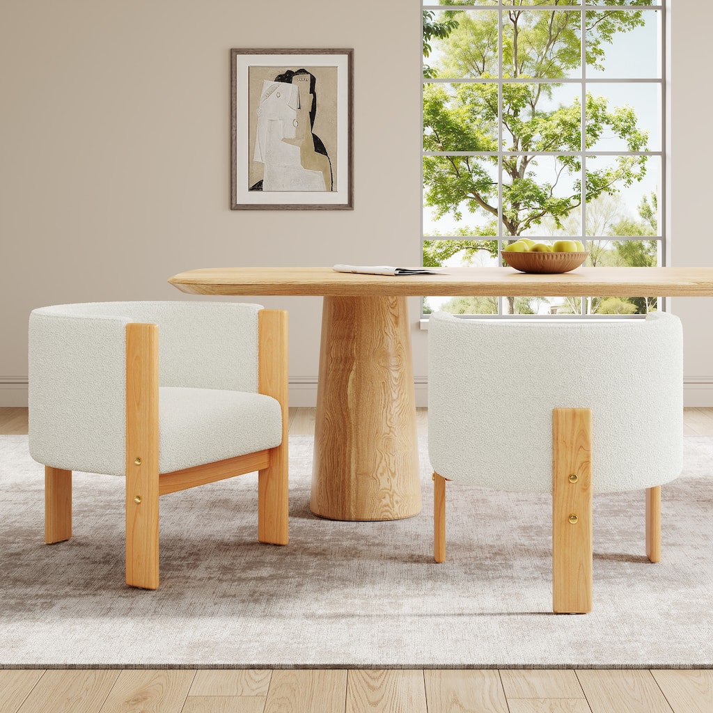 2Pcs Upholstered Dining Chairs Natural Rubber Wood Frame and White Boucle Fabric Modern Armchairs