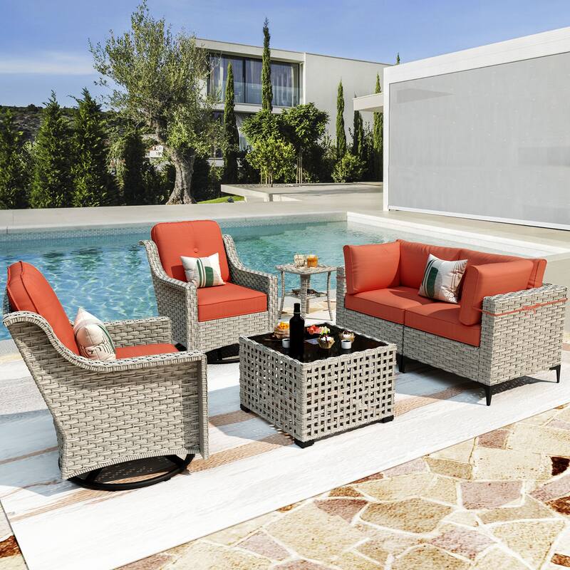 XIZZI 6-piece Patio Furniture Wicker Conversation Set with Swivel Chair - Red/Orange