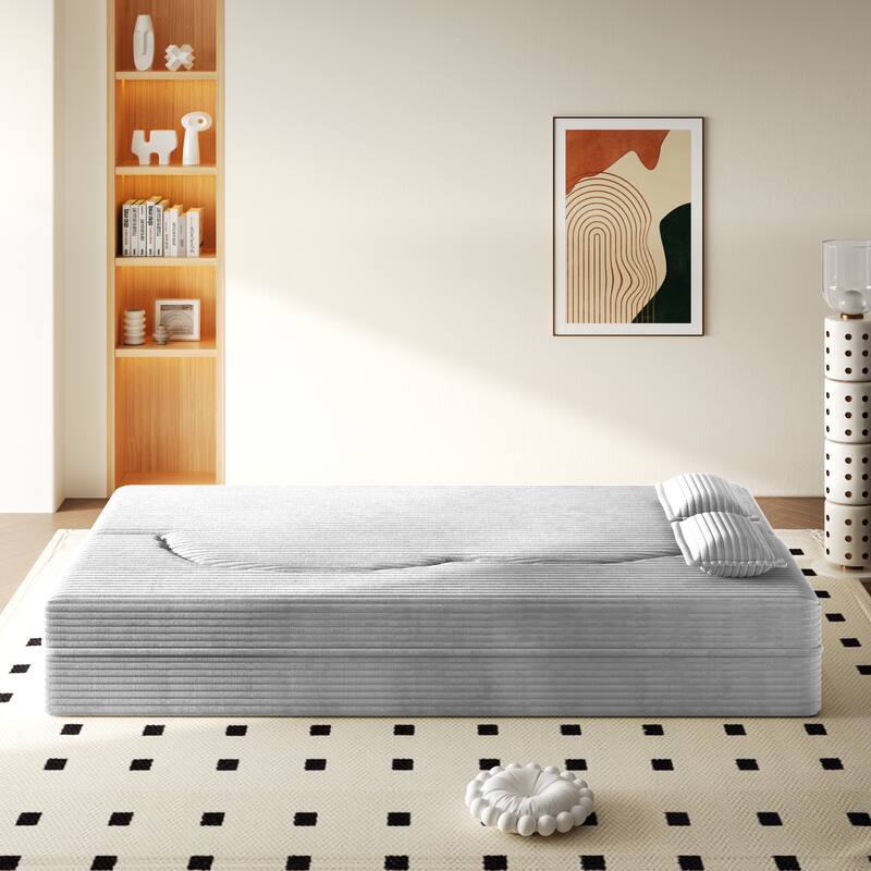 Modern Floor Sofa Bed, Convertible Corduroy Sleeper Couch Folding Loveseat with 2 Pillows