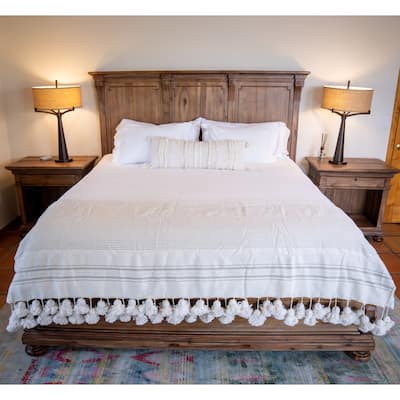 Handwoven Moroccan Blanket with Pom Pom in Cream and Grey
