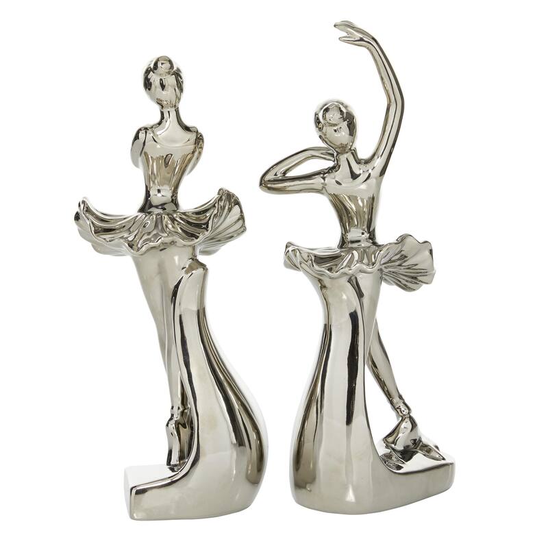 Porcelain Ceramic Dancer Decorative Sculpture - Set of 2 Silver - Roche River Decor