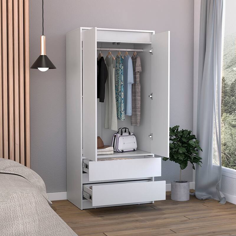 Stylish Wardrobe Closet Armoire with Double Doors for Bedroom, 2 Drawers, and Hanging Rod - Space-Saving Design