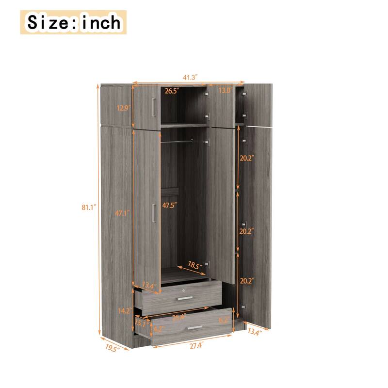 3 Door Wardrobe with Mirror, Top Cabinet and 2 Drawers, Freestanding Bedroom Armoire Closet Storage