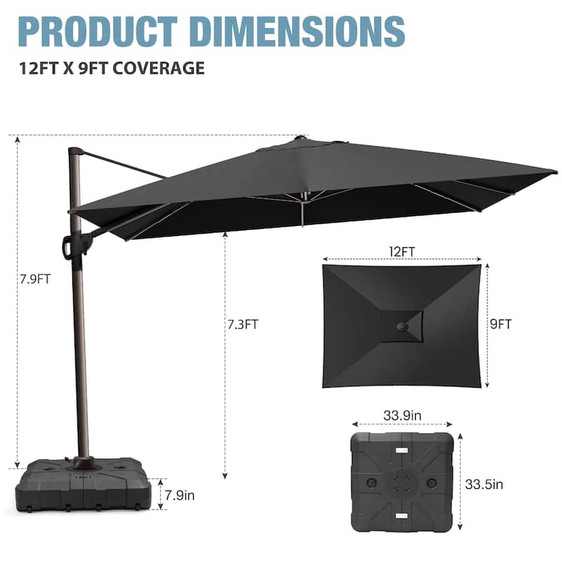 VredHom 9 x 12 FT Outdoor Patio Cantilever-Offset Umbrella with Wheel Base