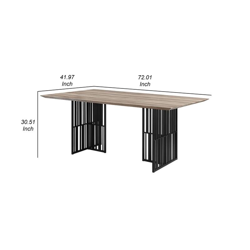 Nori 72 Inch Dining Table, Distressed Brown Top, Black Metal Slatted Base