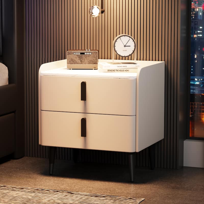 Roomfitters Modern Nightstand with 2 Drawers and Marble-Pattern Top, Bedside or End Table for Bedroom and Living Room