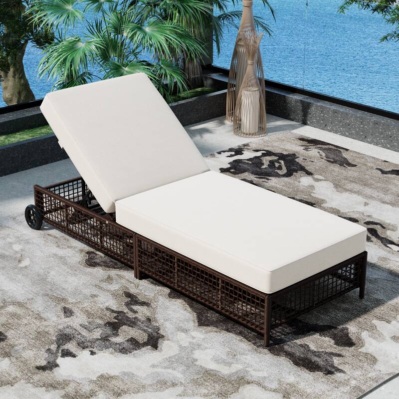 Outdoor Lounge Chair Set of 2, Patio Rattan Chaise Lounge with 5-Position Backrest, Cushion and Wheels - Brown+Beige