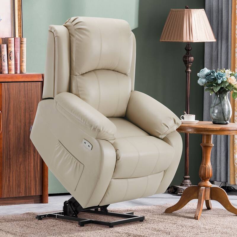 MCombo Small Sized Power Lift Recliner Chair with Massage and Heat, USB Ports, Faux Leather 7409 - Beige