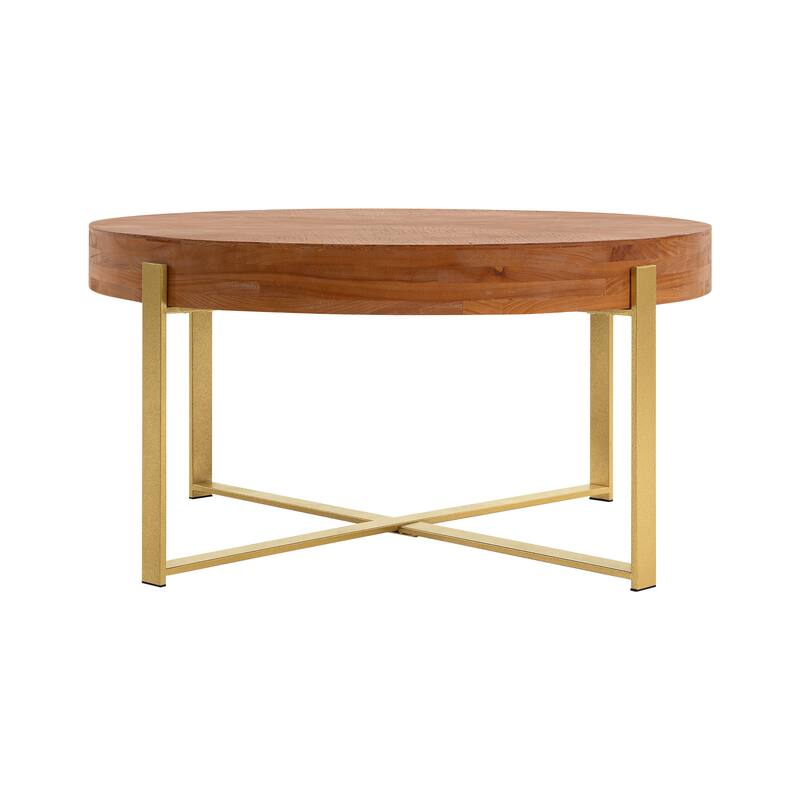 Modern Retro Splicing Round Coffee Table, Fir Wood Top with Cross Legs