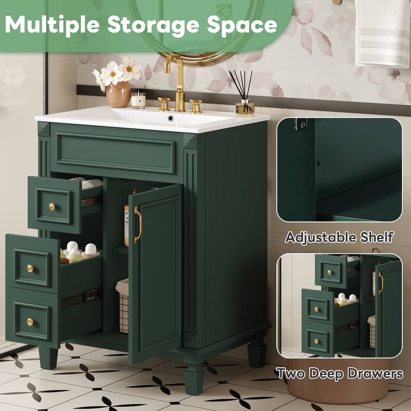 Bathroom Vanity with Ceramic Sink, Small Bathroom Storage Cabinet, Bathroom Cabinet with 2 Drawers & Adjustable Shelf