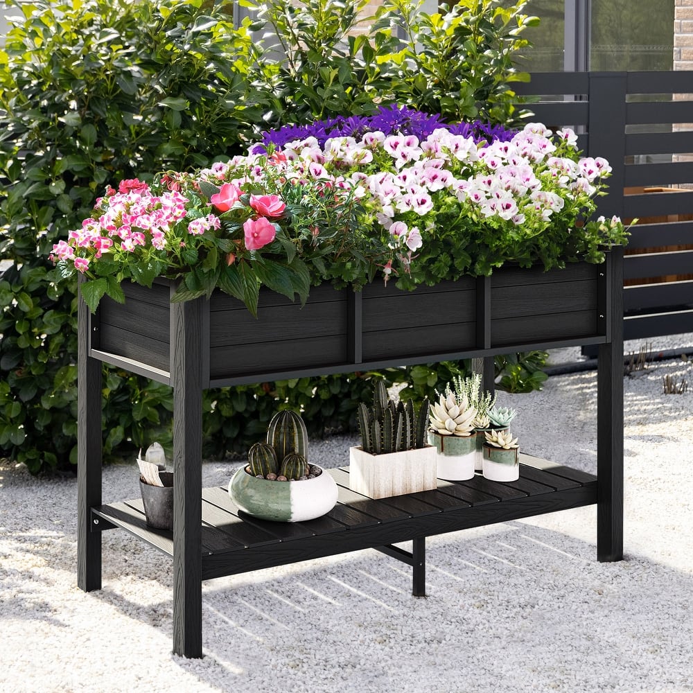Moasis Poly Wood Raised Garden Bed Planter Box Stand Weather Resistant with Legs and Storage Shelf